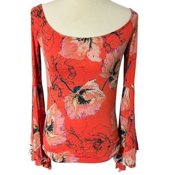 Free People Birds of Paradise Floral Off the Shoulder Bell Sleeve Top Blouse - Picture 2 of 7